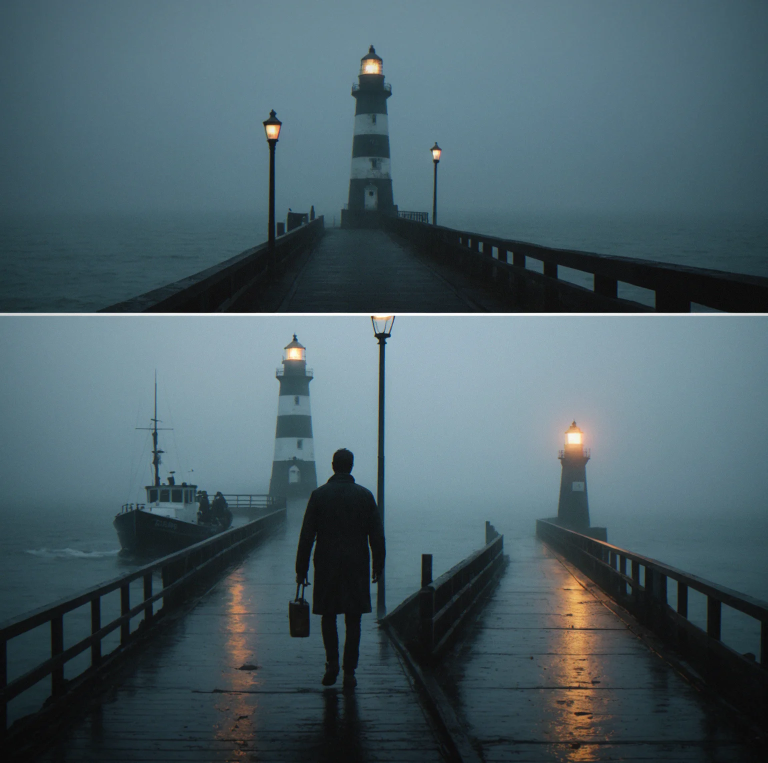 Three diverging paths at a fork in a coastal road, each leading into mist, no clear destination visible