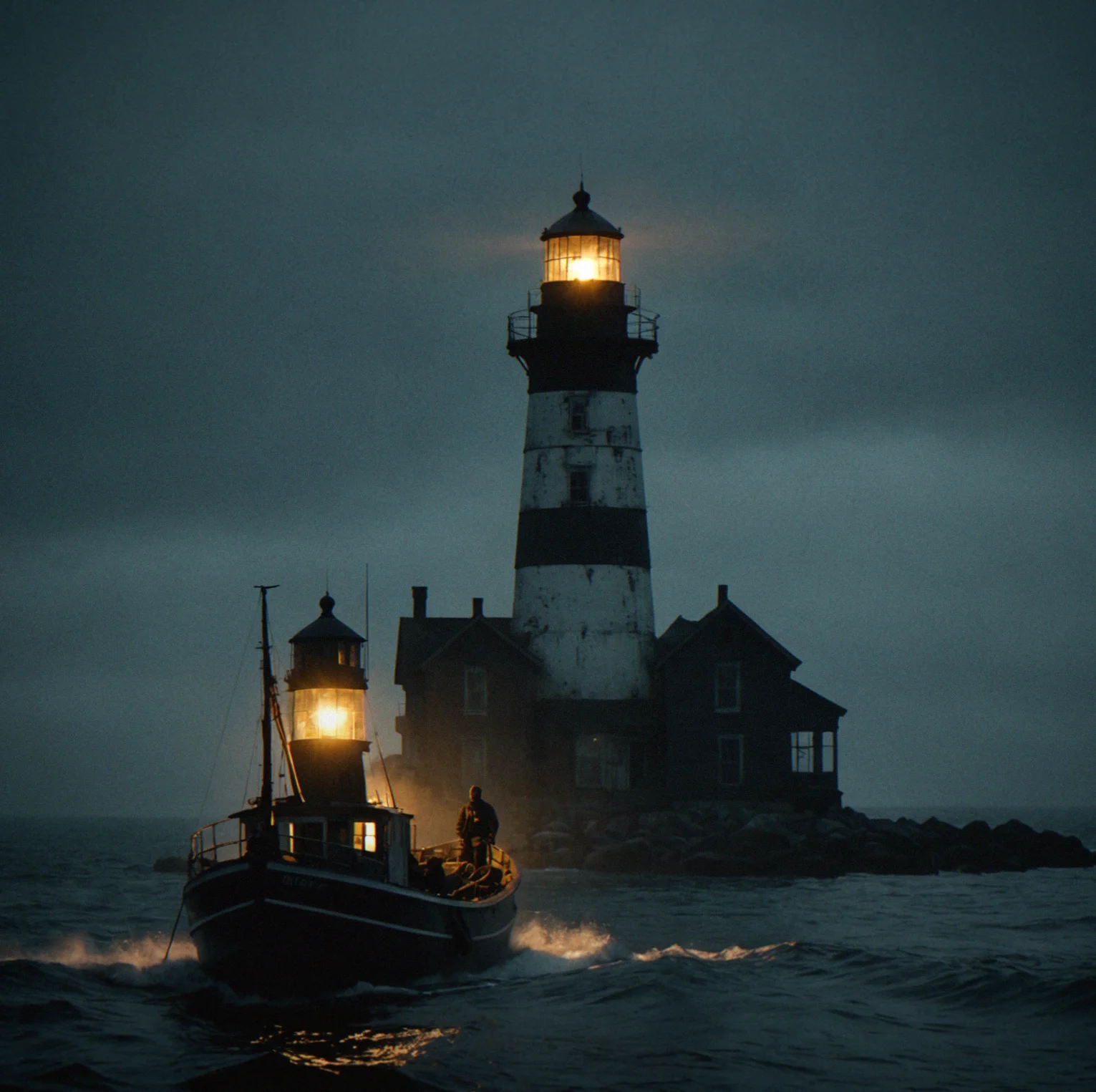 Pier stretching into gray water, rope and junk scattered across it, rusted shipping containers farther out, dark clouds moving in