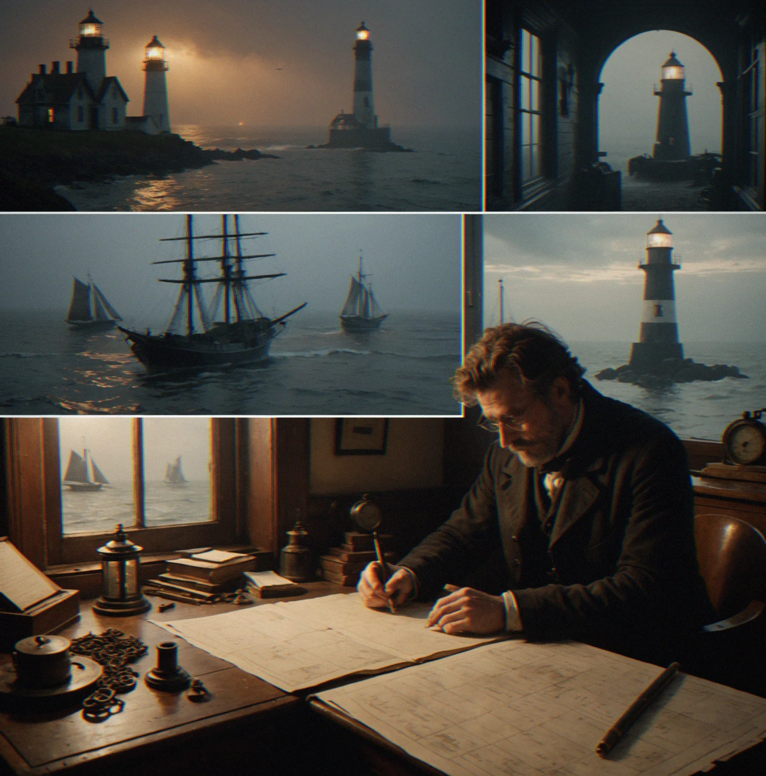 Study in a Victorian house with maritime charts on walls, handwritten letters scattered across desk, photograph of a ship