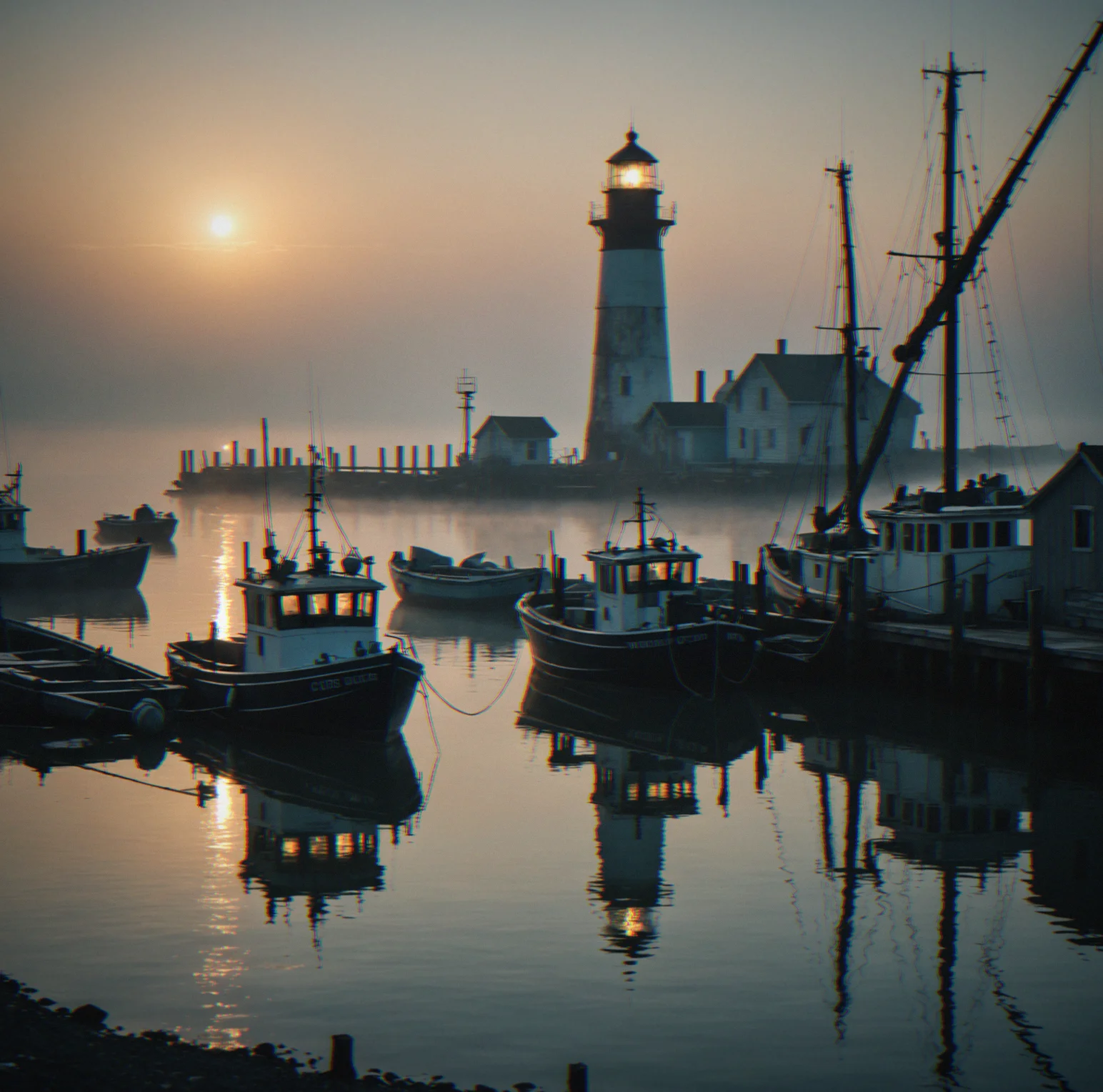 Early morning view of a weatherred fishing harbor with boats at dock and dense fog rolling in from the ocean