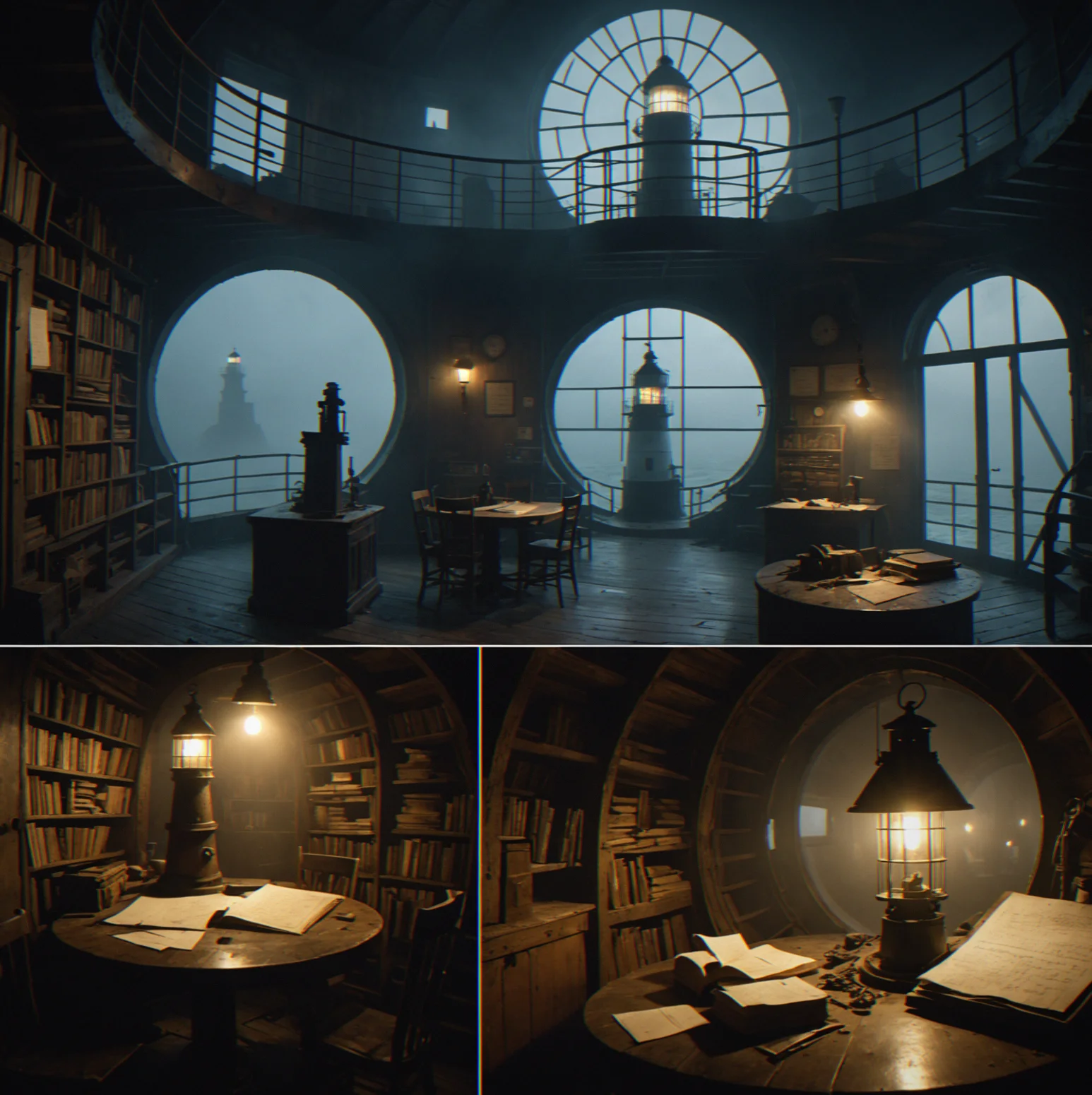 Interior of an automated lighthouse with spiral stairs, circular window and logbooks scattered on a table