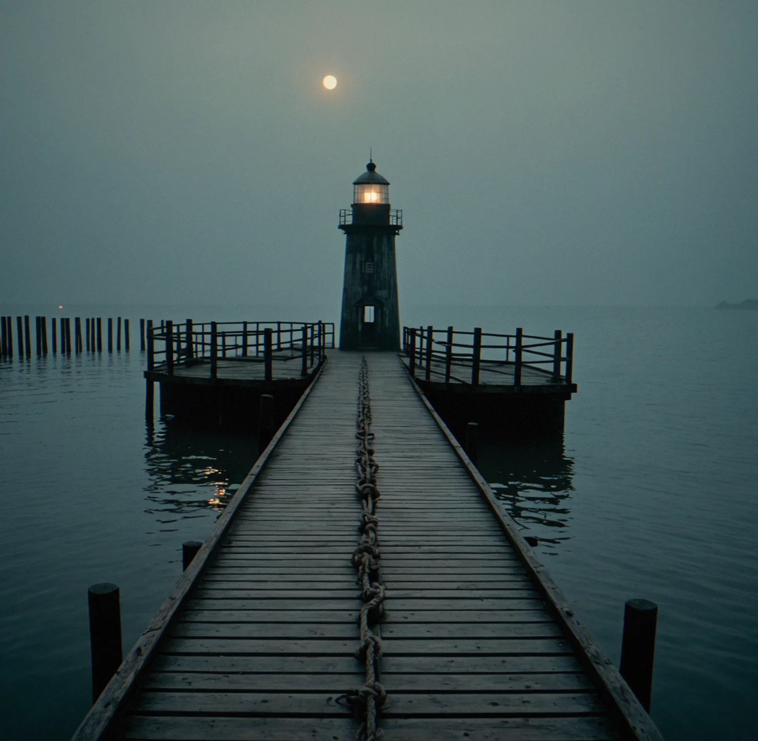 Wooden pier extending into dark water at dusk, weathered railings with carved initials, rope coiled on boards