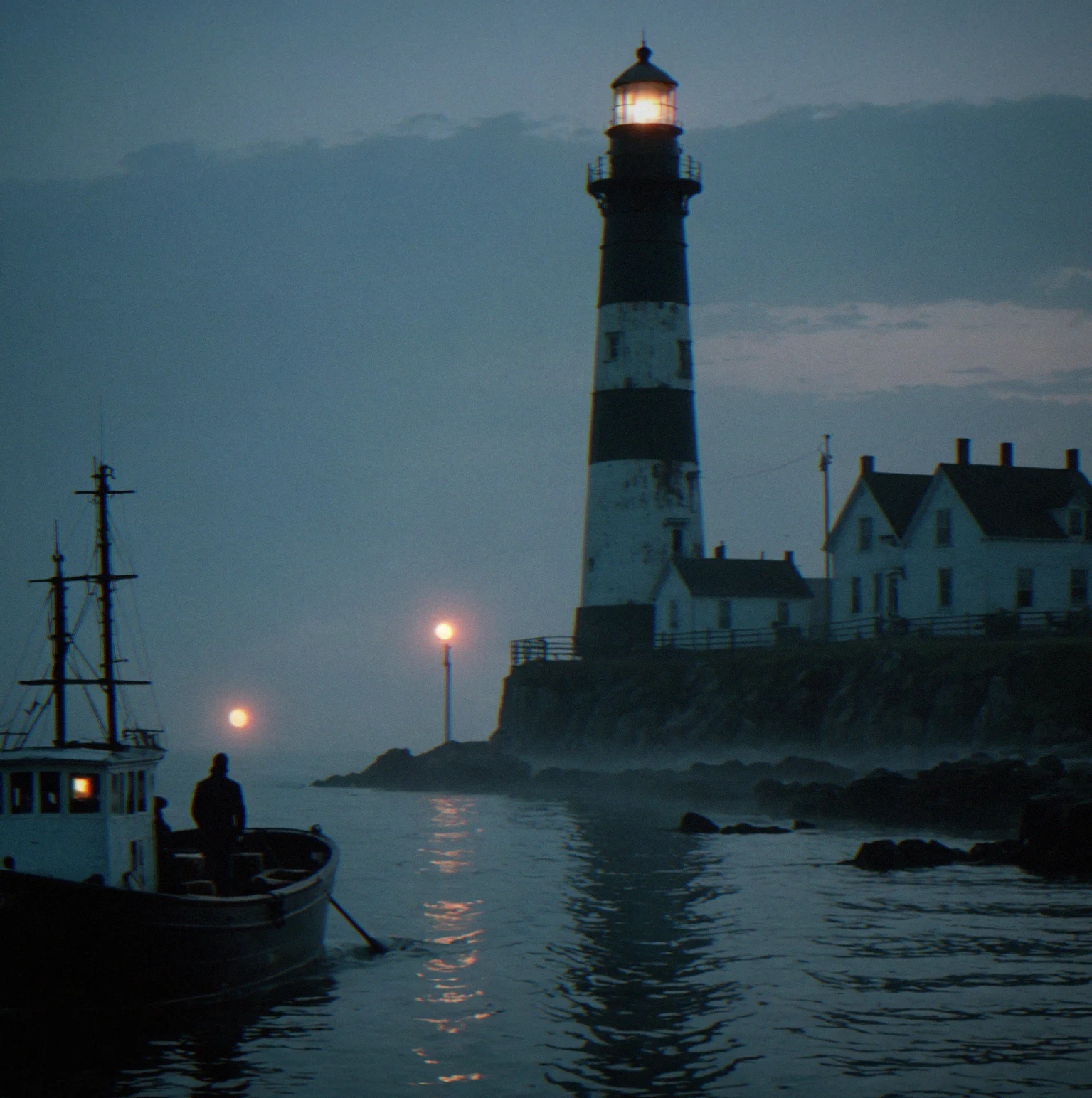 Coastal town at dusk with lighthouse and harbor visible, mist rolling across the water