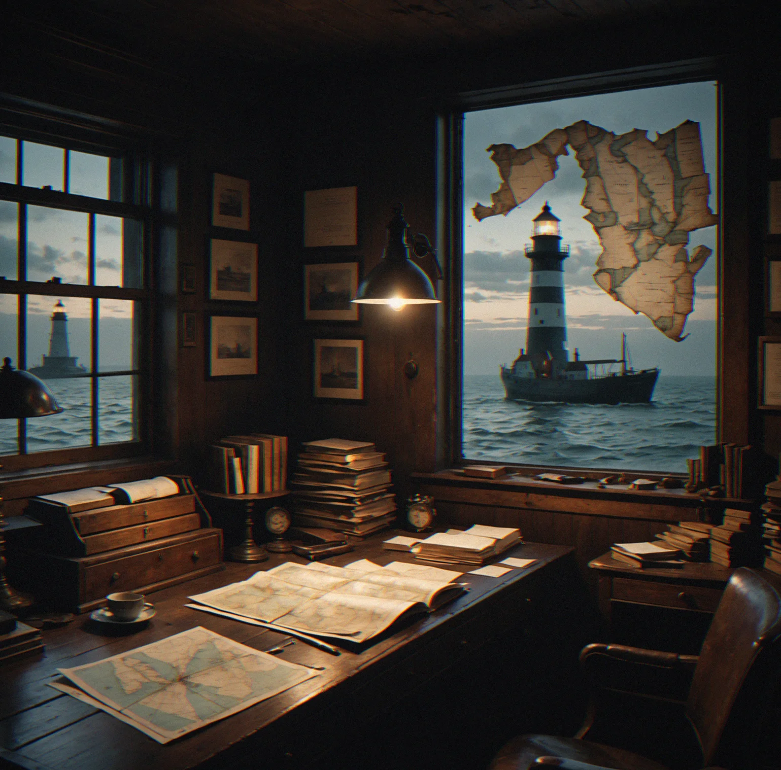Dark wood desk covered in nautical maps, letters written by hand, a framed photo of a ship sitting among the papers
