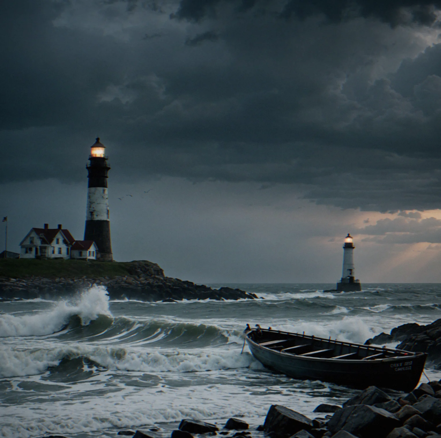 Rocky shoreline as dusk falls and storm clouds roll in, rough water with whitecaps, several old fishing boats dark shapes against the sky