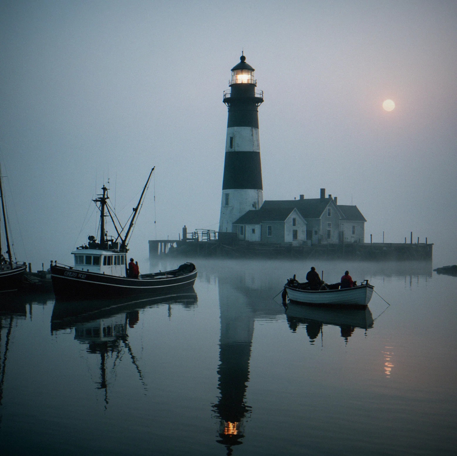 Fishing boats push through morning fog at the harbor, their shapes blurred in the mist, hulls mirrored in calm water below