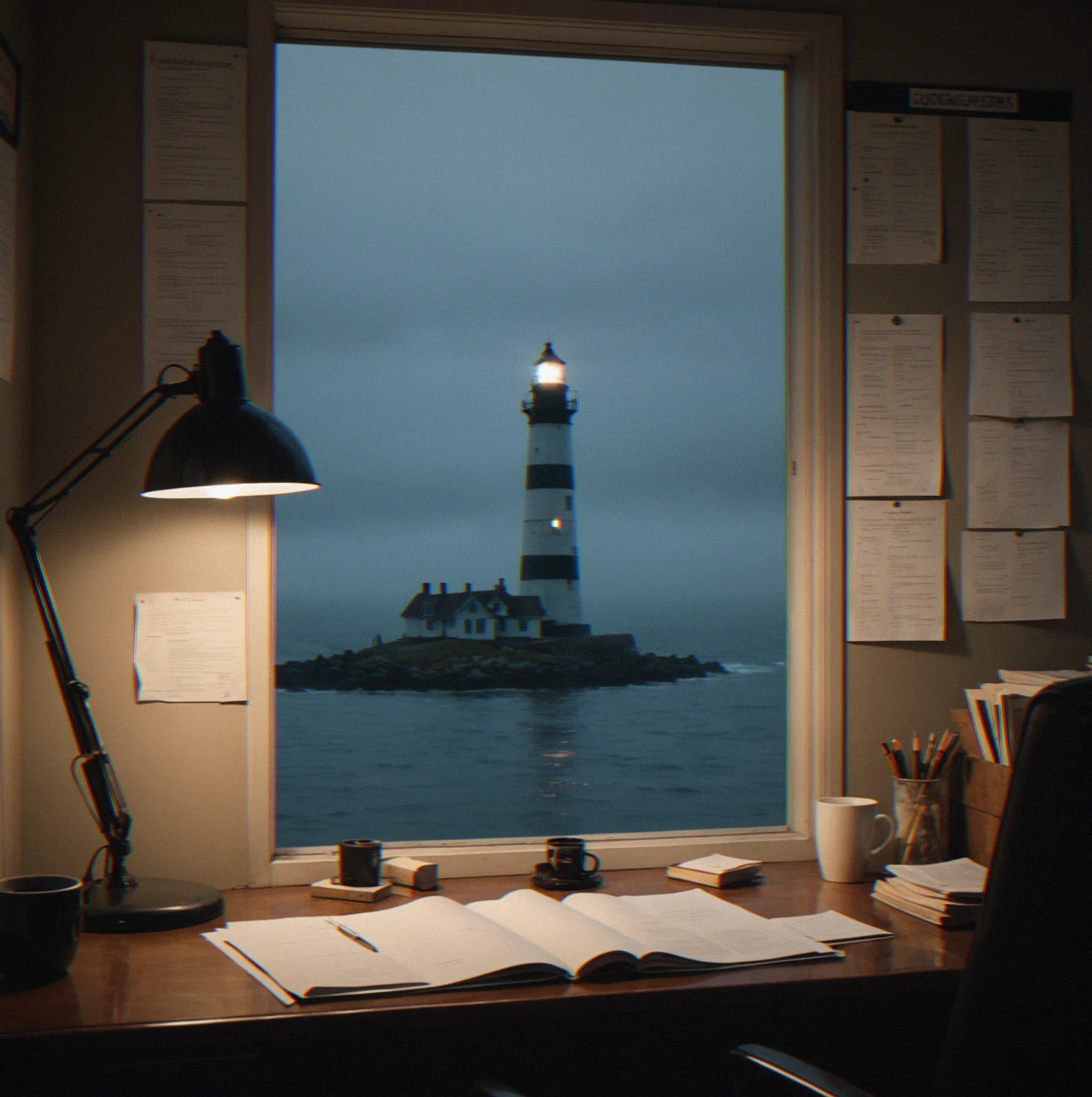 Filing cabinets with shipping papers tacked to a cork board, a coffee cup with a lipstick mark left on the desk edge