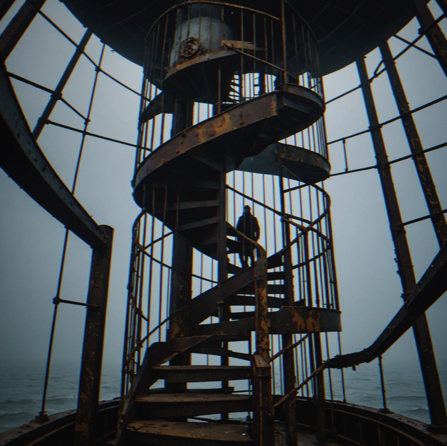 Metal staircase spiraling up inside a lighthouse tower, rust and age marks on the railings, darkness above