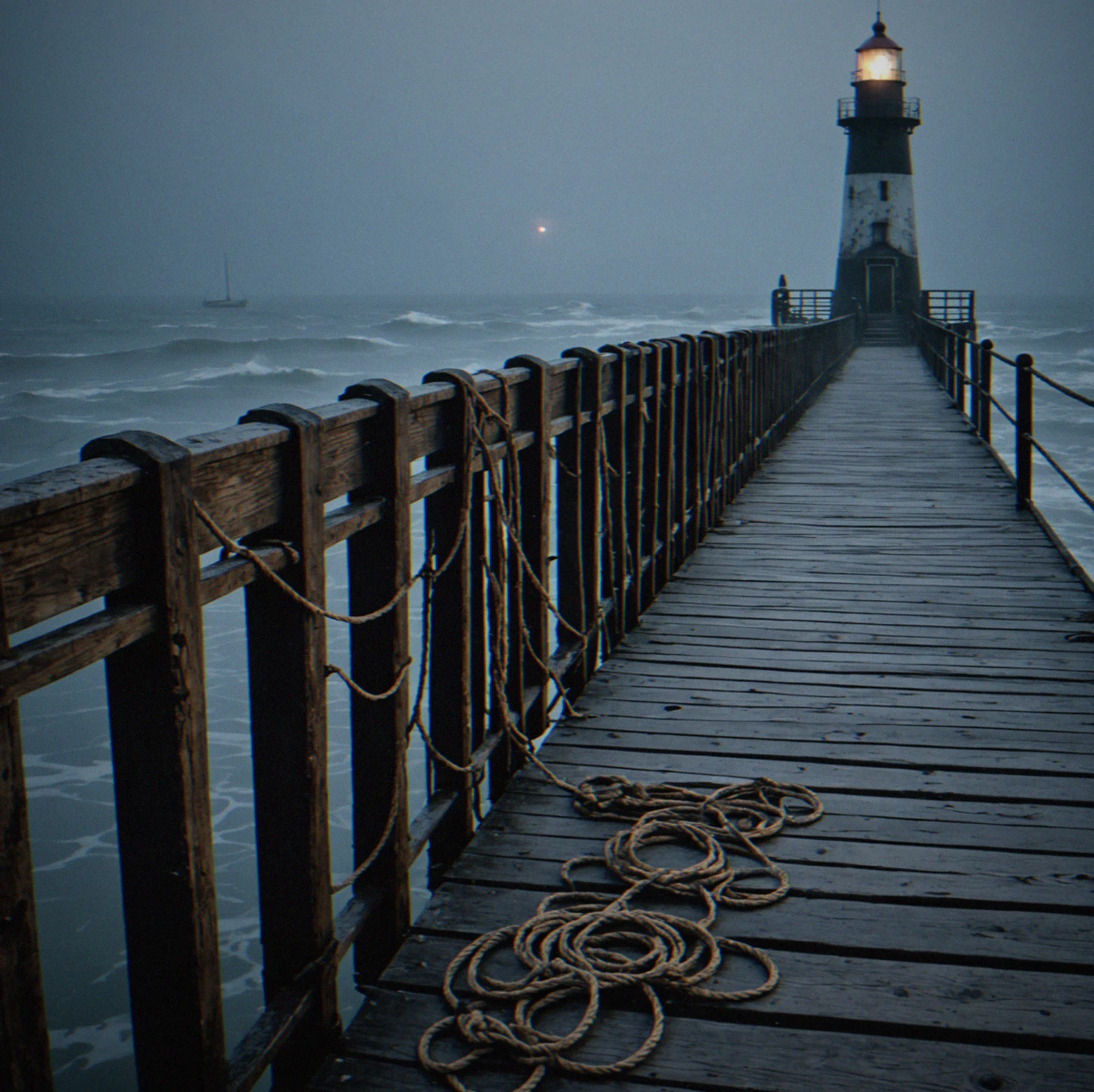 Old wooden dock with coiled rope and metal hardware scattered around, water slapping against weathered railings as the tide comes in