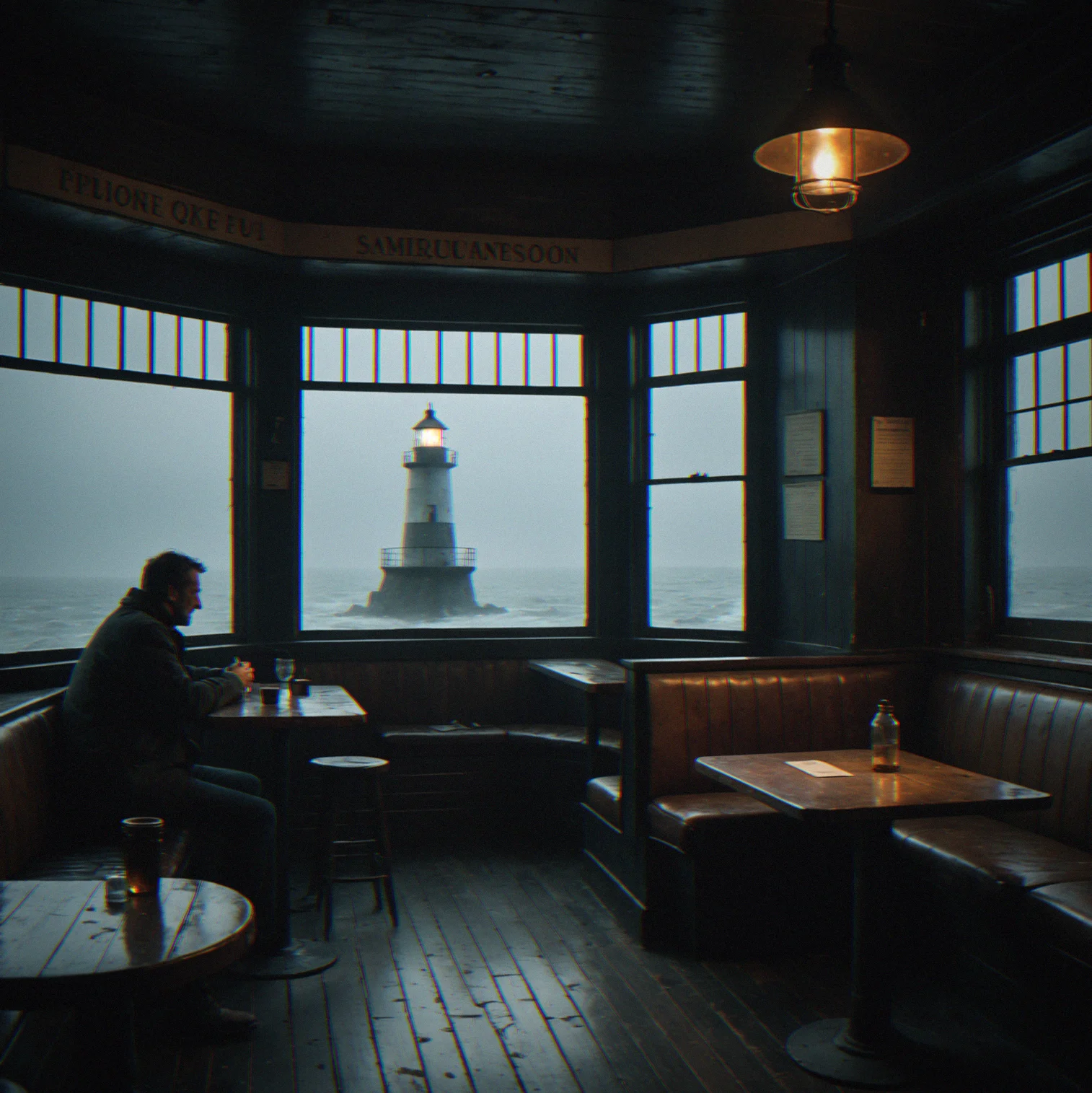Corner booth in a coastal bar with old worn seats, windows fogged up, people sitting in the back but mostly in shadow