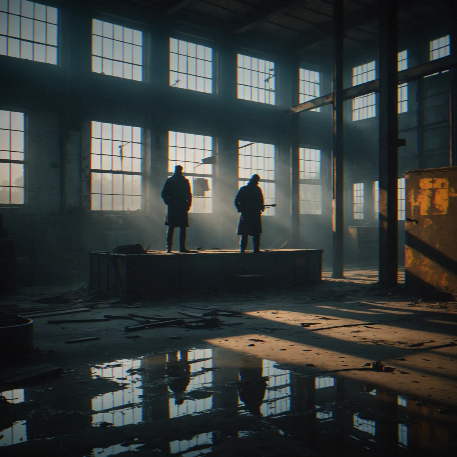 Empty warehouse by the water with metal walls, light pouring through broken windows and cutting long shadows across the floor