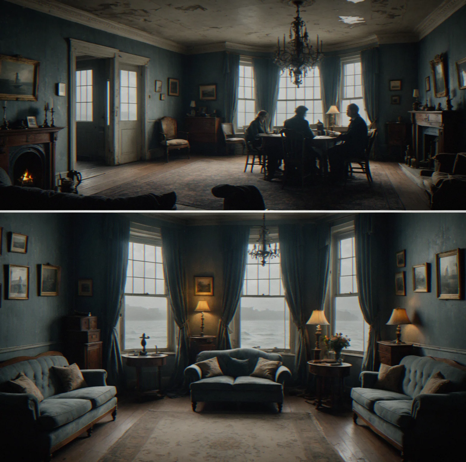Victorian sitting room with lace curtains letting in soft gray light, family portraits on the walls, furniture arranged but gathering dust