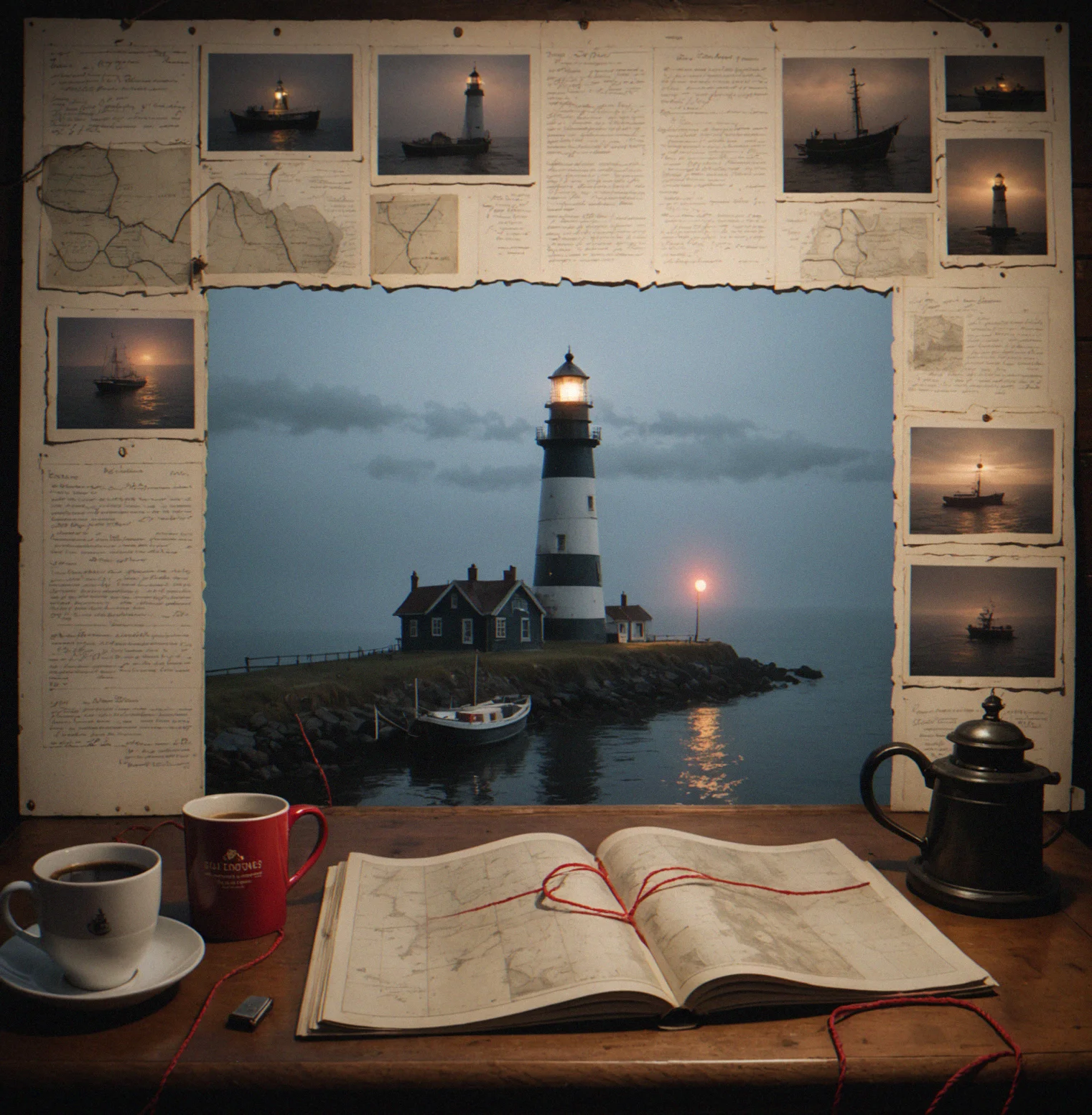 Wooden desk covered in old photographs, handwritten notes tracking events on a timeline, maritime maps tacked above with red string linking different spots, almost-empty coffee mug nearby